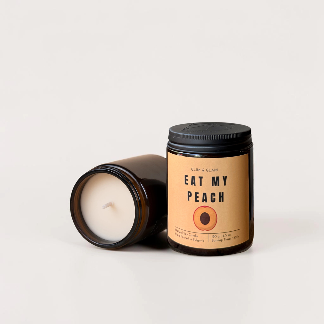 EAT MY PEACH handcrafted soy candle in amber jar, luxury home fragrance by Glim Glam