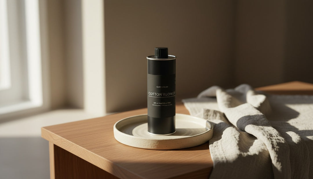 Elegant home interior representing sustainable fragrance rituals with a Glim & Glam reed diffuser refill.