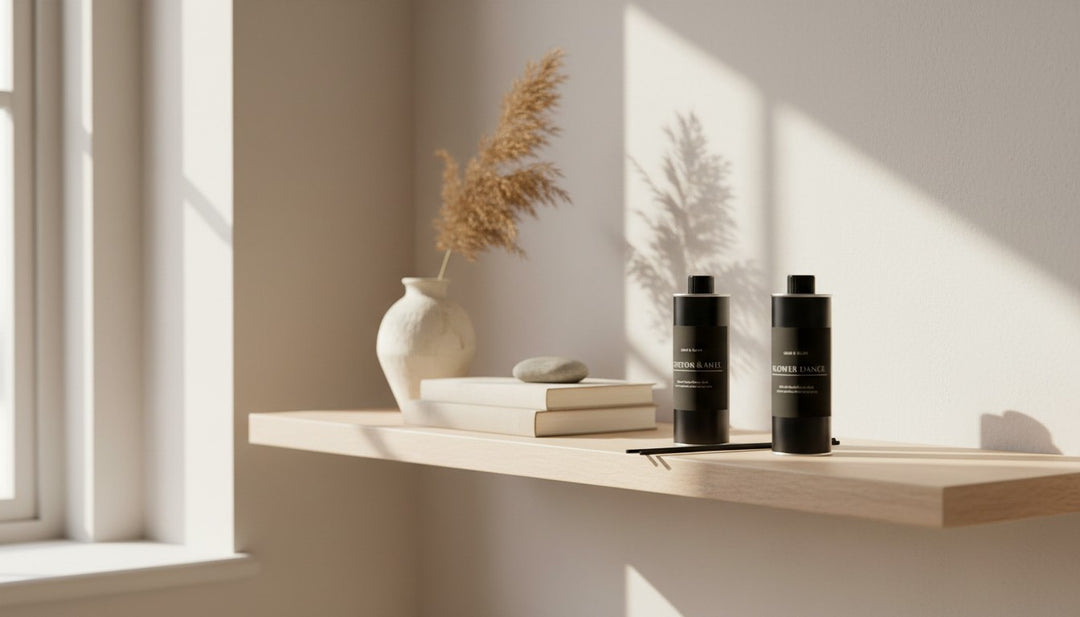 Minimalist living space reflecting an eco-conscious home fragrance routine with reed diffuser refills.