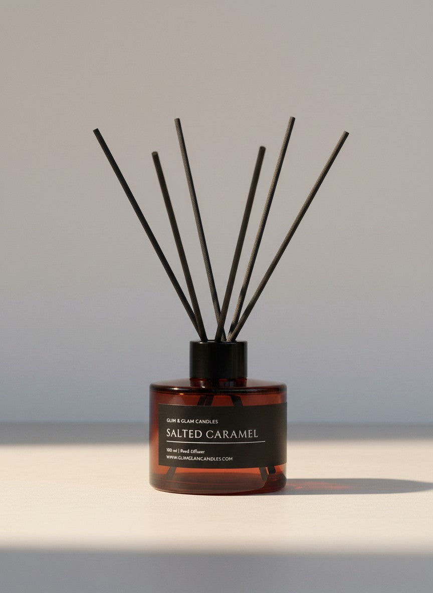 SALTED CARAMEL REED DIFFUSER in black matte 500 ml bottle, long-lasting luxury home fragrance by Glim Glam