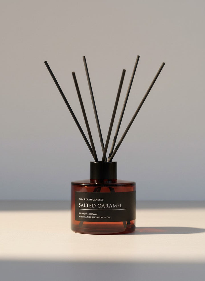 SALTED CARAMEL REED DIFFUSER in black matte 500 ml bottle, long-lasting luxury home fragrance by Glim Glam