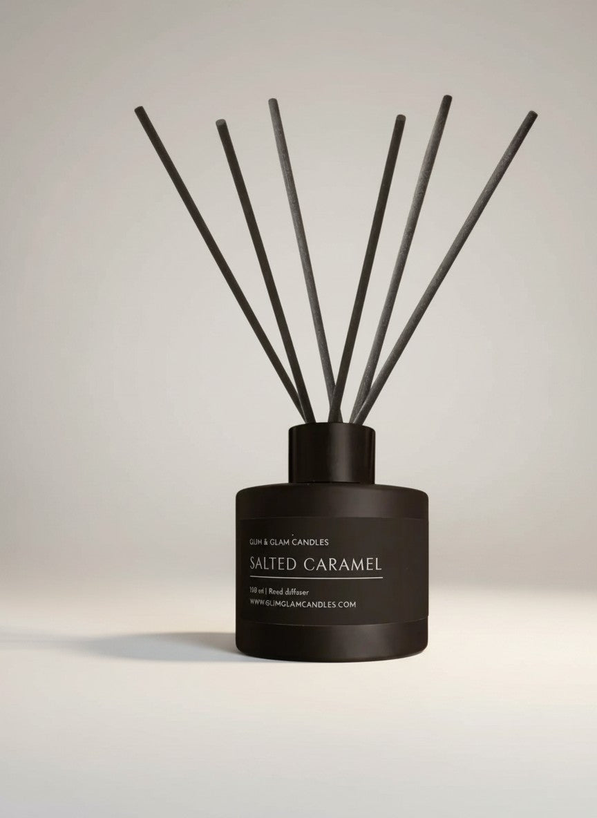SALTED CARAMEL REED DIFFUSER in black matte 100 ml bottle, long-lasting luxury home fragrance by Glim Glam