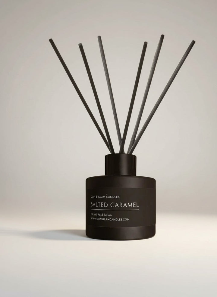 SALTED CARAMEL REED DIFFUSER in black matte 100 ml bottle, long-lasting luxury home fragrance by Glim Glam