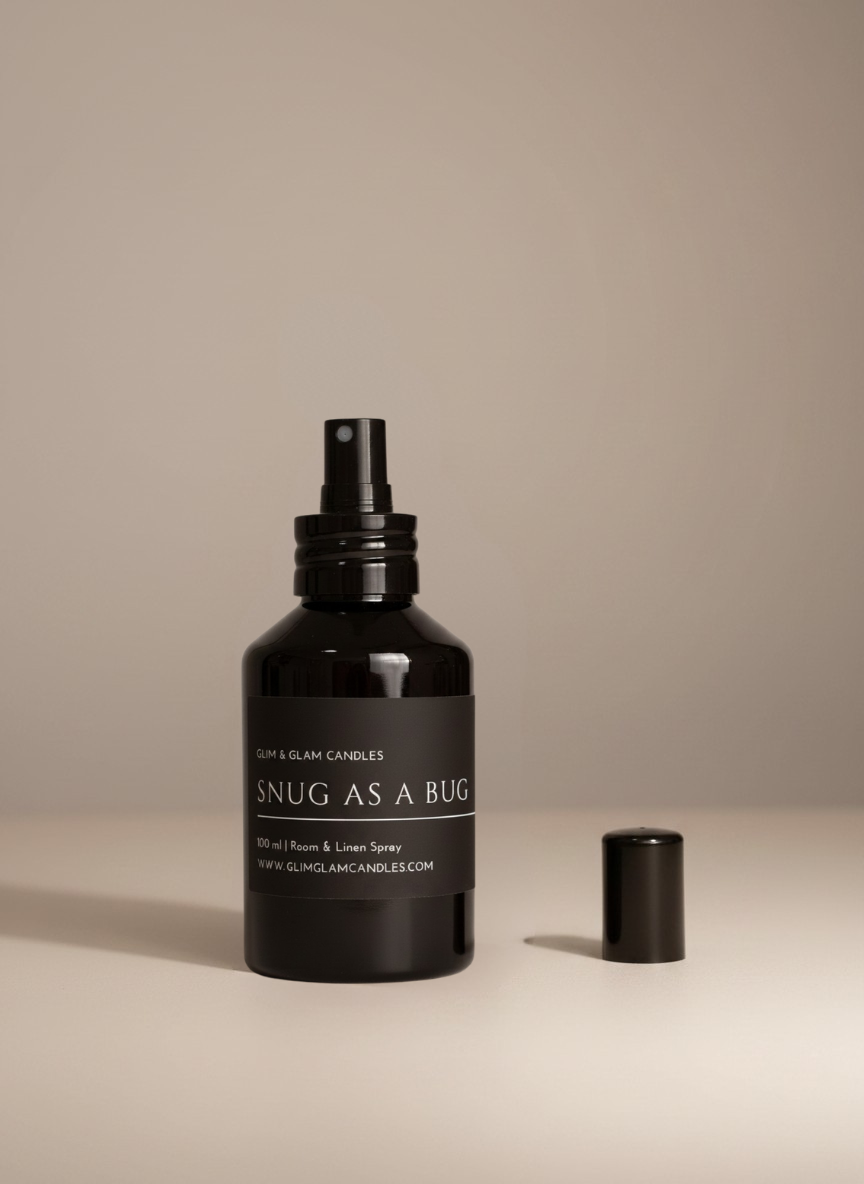 SNUG AS A BUG ROOM AND FABRIC SPRAY in black glossy bottle for refreshing home fragrance by Glim Glam