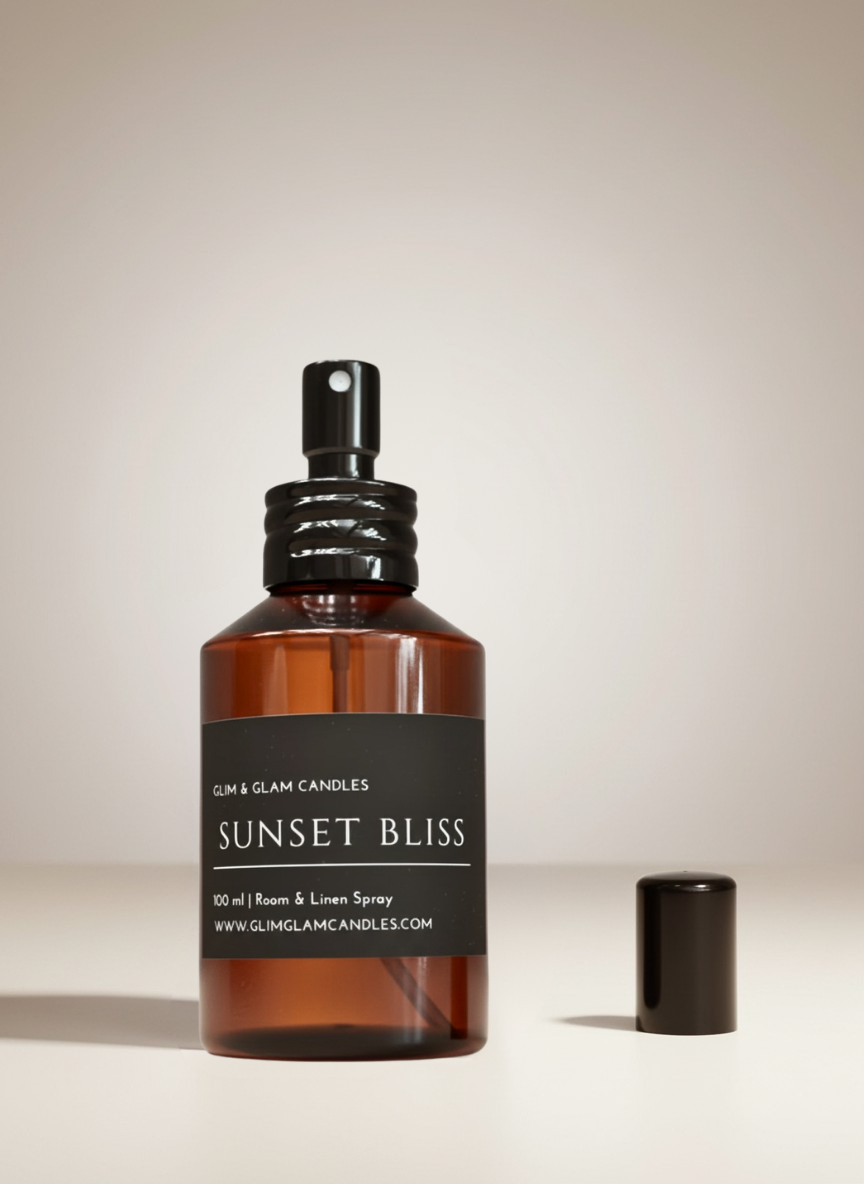 SUNSET BLISS ROOM AND FABRIC SPRAY in black glossy bottle for refreshing home fragrance by Glim Glam