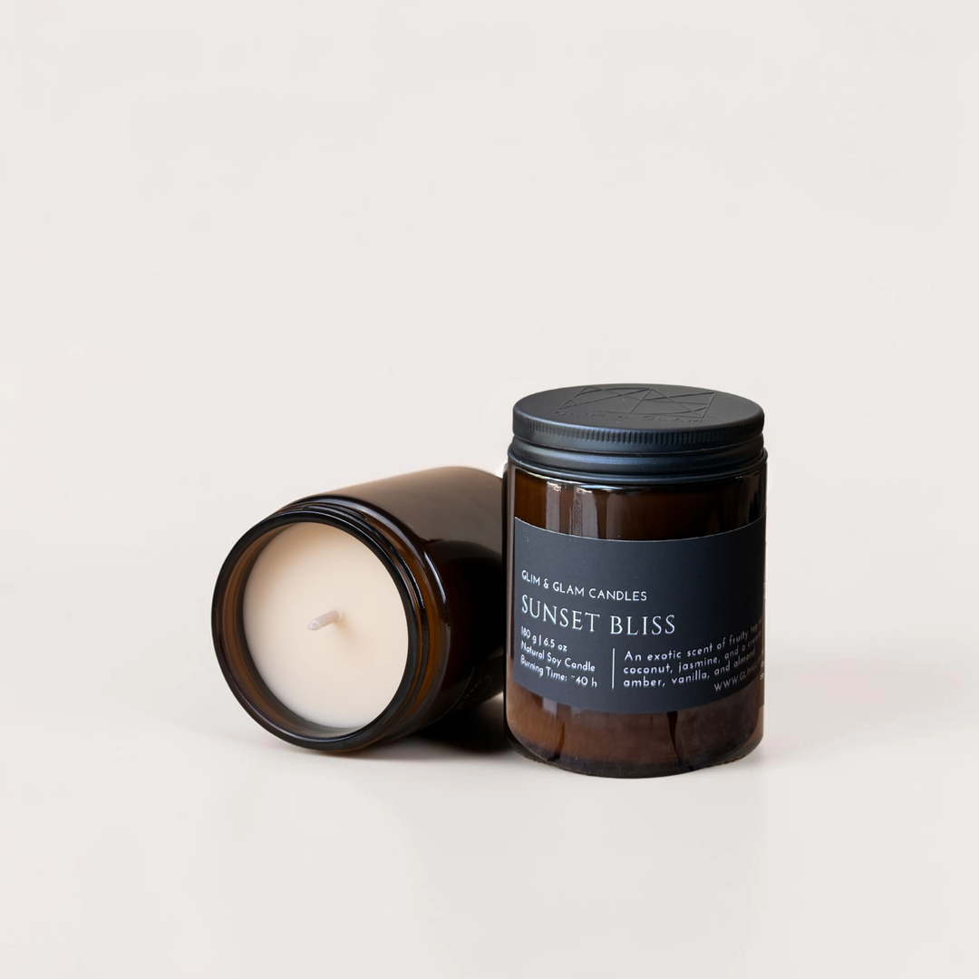 SUNSET BLISS handcrafted soy candle in amber jar, luxury home fragrance by Glim Glam