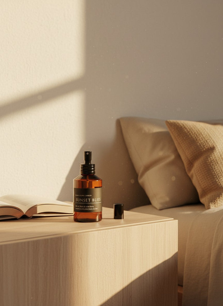 SUNSET BLISS ROOM AND FABRIC SPRAY in amber bottle for refreshing home fragrance by Glim Glam
