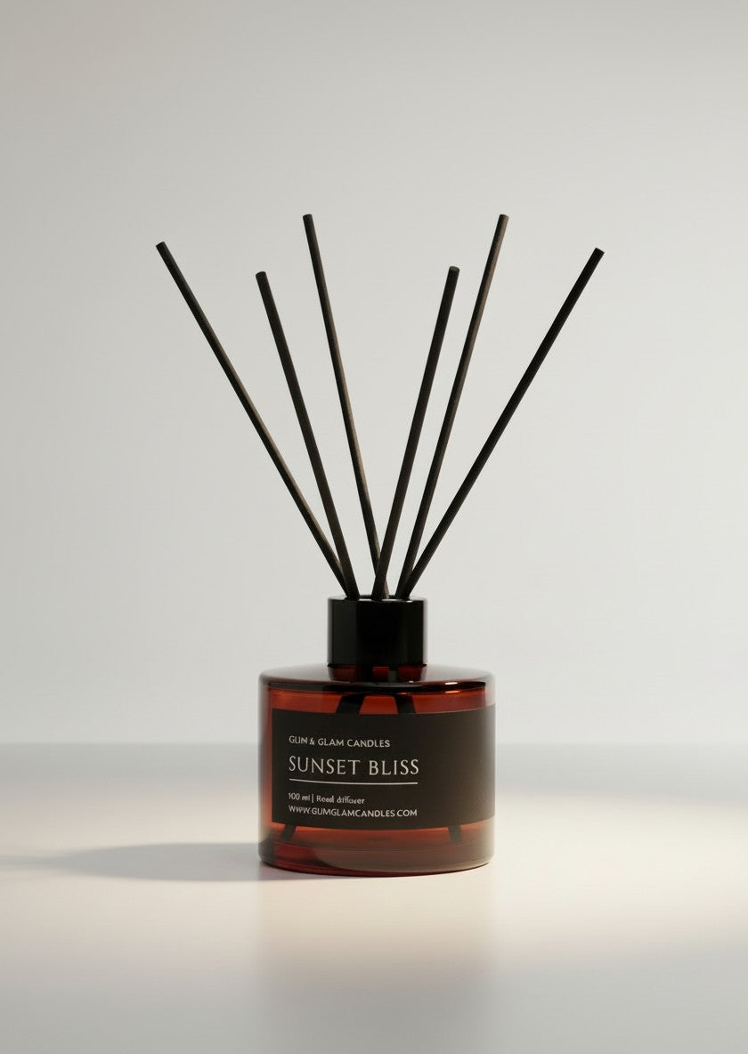 SUNSET BLISS REED DIFFUSER in black matte 500 ml bottle, long-lasting luxury home fragrance by Glim Glam