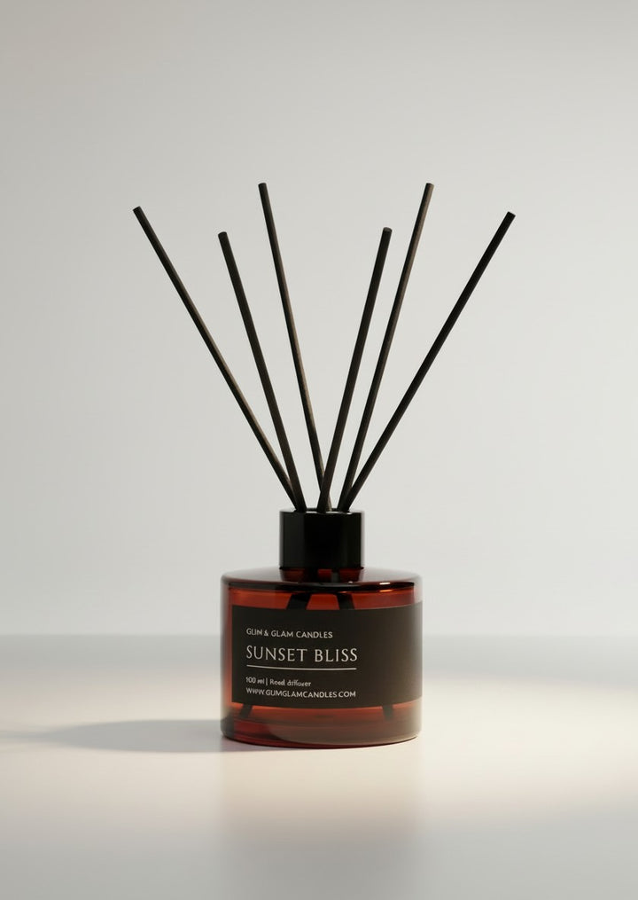 SUNSET BLISS REED DIFFUSER in black matte 500 ml bottle, long-lasting luxury home fragrance by Glim Glam
