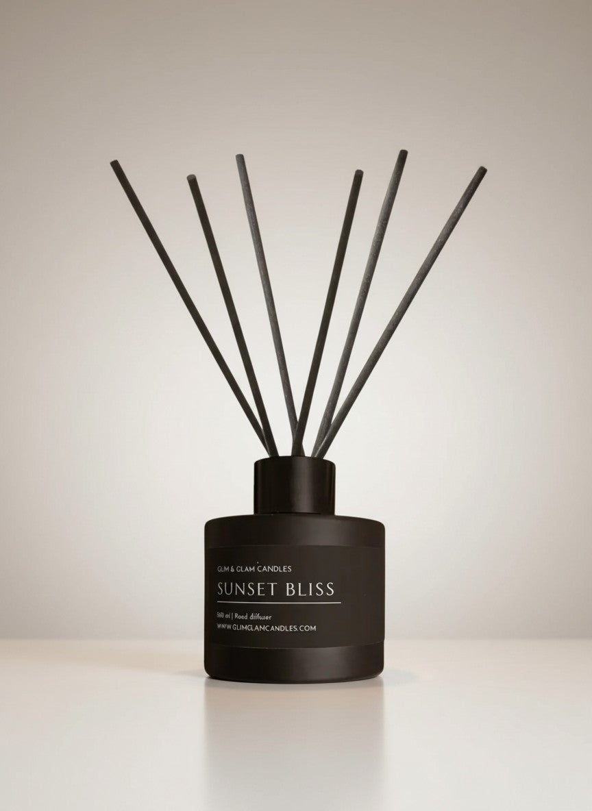 SUNSET BLISS REED DIFFUSER in black matte 100 ml bottle, long-lasting luxury home fragrance by Glim Glam