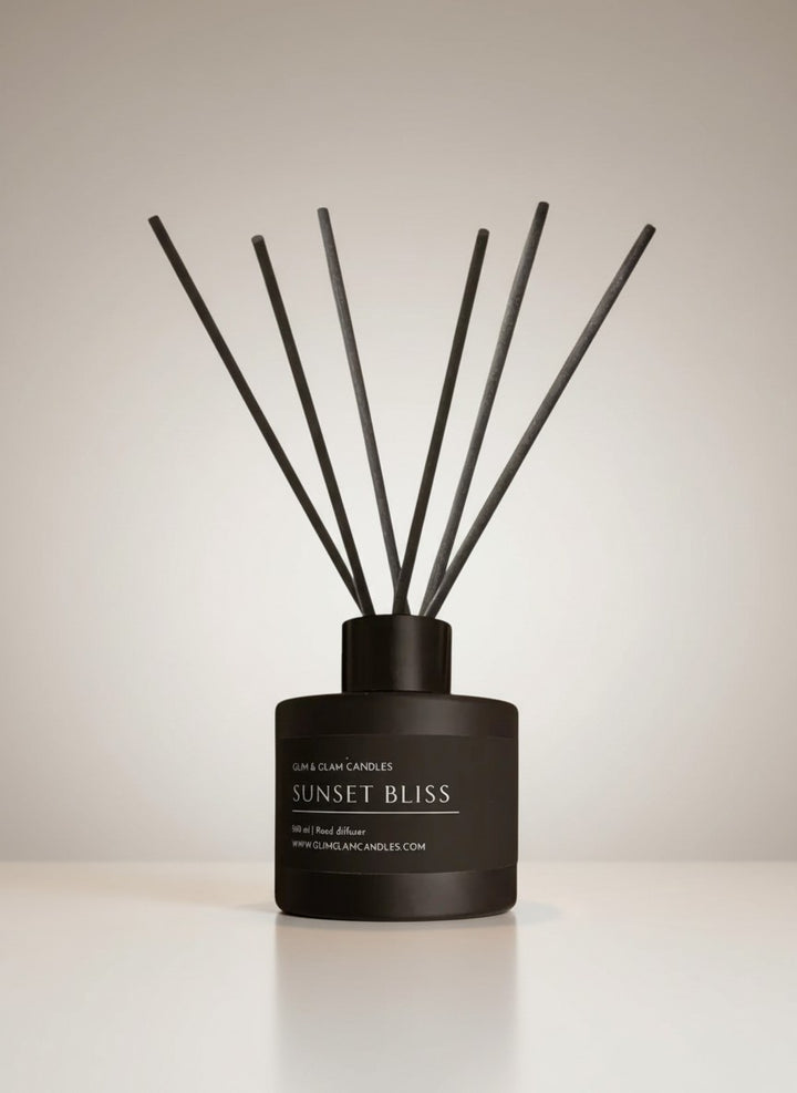 SUNSET BLISS REED DIFFUSER in black matte 100 ml bottle, long-lasting luxury home fragrance by Glim Glam