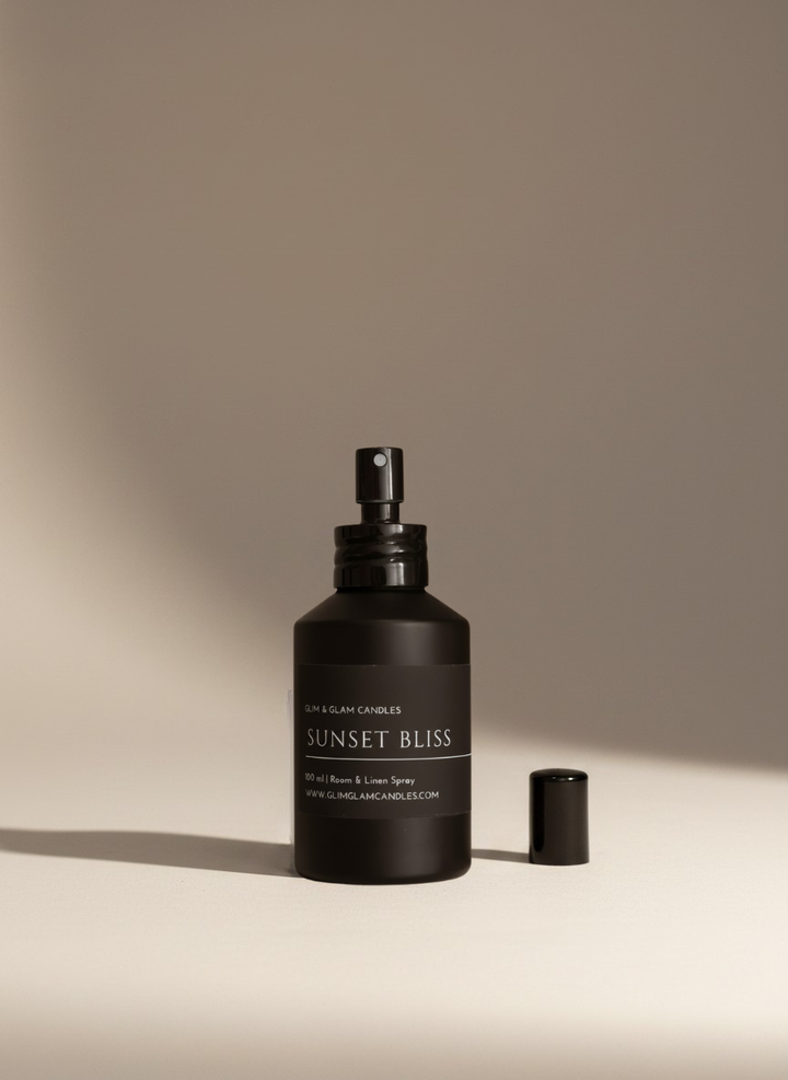 SUNSET BLISS ROOM AND FABRIC SPRAY in black matte bottle for refreshing home fragrance by Glim Glam