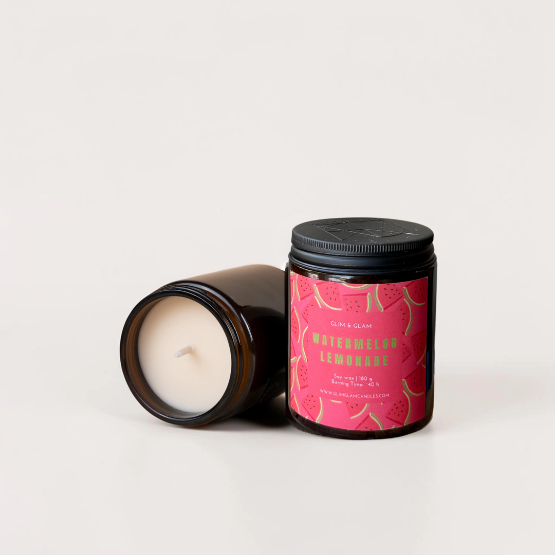 WATERMELON LEMONADE handcrafted soy candle in amber jar, luxury home fragrance by Glim Glam