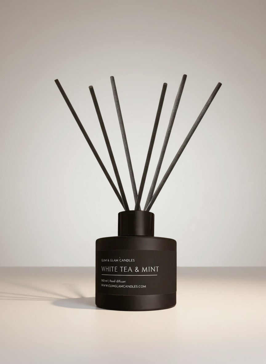 WHITE TEA & MINT REED DIFFUSER in black matte 100 ml bottle, long-lasting luxury home fragrance by Glim Glam