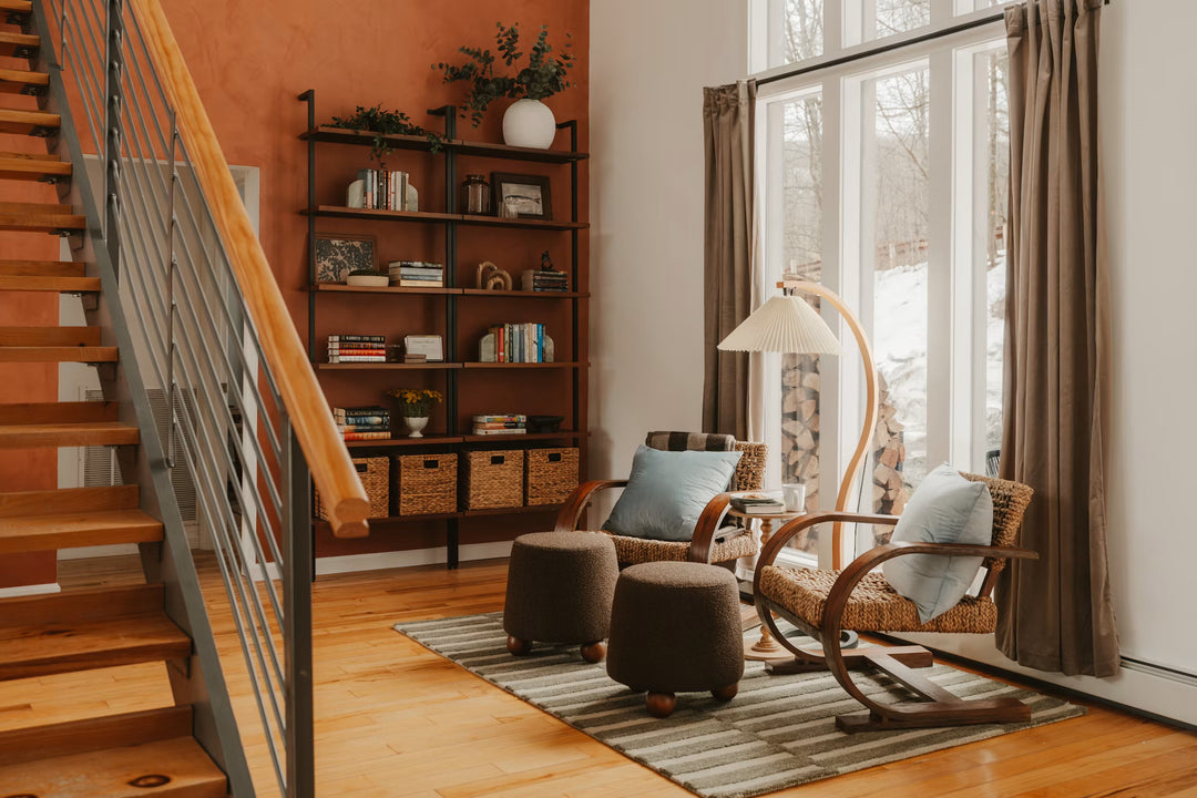 Cozy reading corner with natural wood